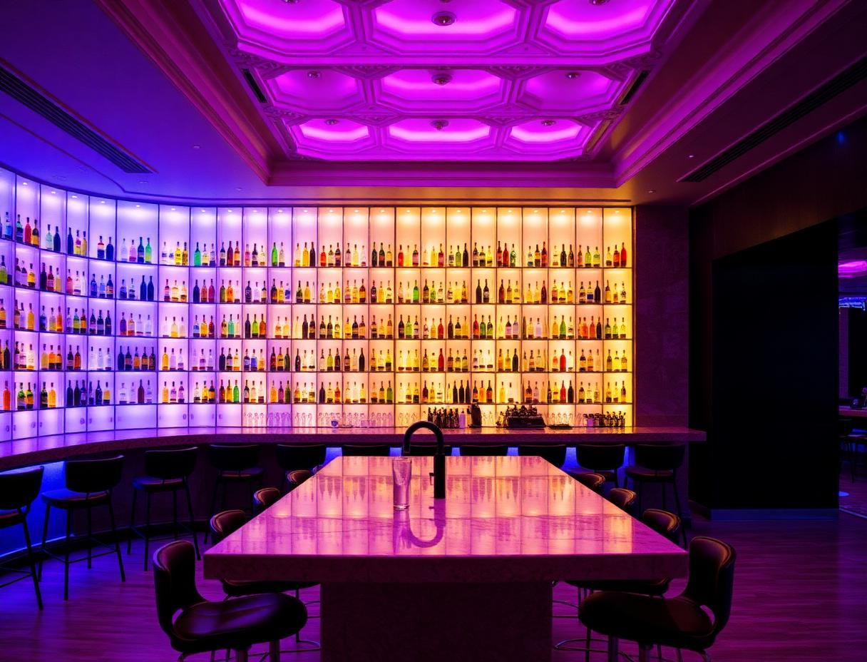 minifarmland lounge interior with soft teal accent lighting